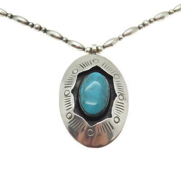 CHARLIE JOHN NAVAHO Old Pawn 925 Sterling Silver Vintage Turquoise Necklace 20" - Picture 4 of 7